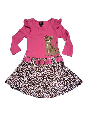 Lilt Girls 3T Pink Leopard Print Cat Glitter Long Sleeve Dress NWT